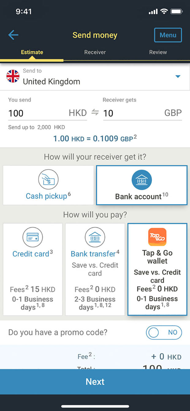 Pick Bank account and Tap & Go wallet