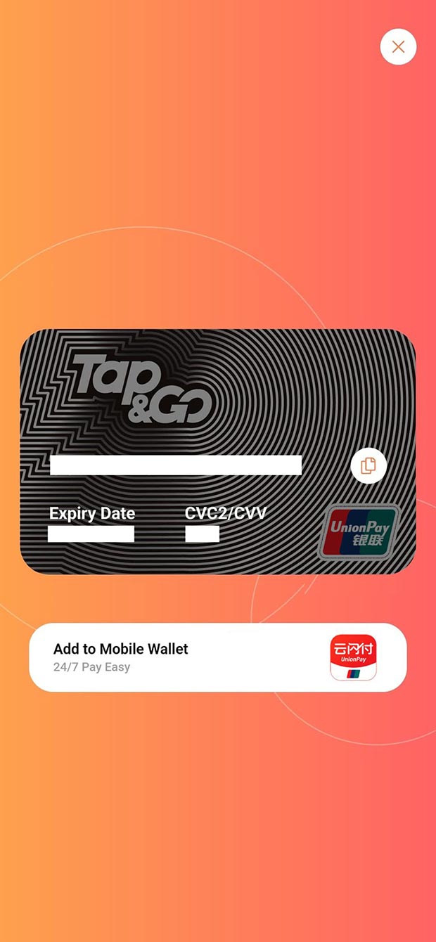 Manually enter card information to “UnionPay App” and “HUAWEI Wallet” application in order to complete the add card procedure. When you spend with UnionPay App, please click “…“ at the top right corner of the payment QR code screen, then click “Switch to non-Chinese Mainland payment“