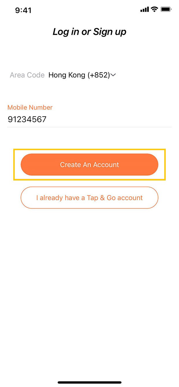 Enter mobile number and tap 'Create An Account'