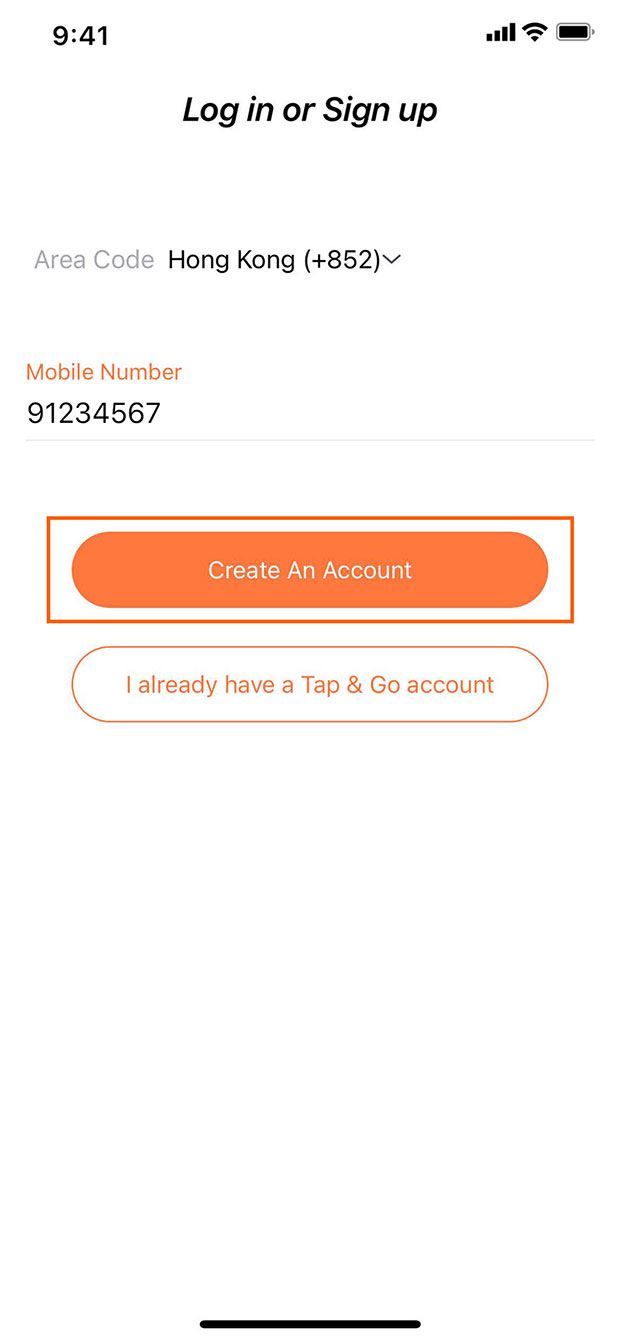 Enter mobile number and click 'Create An Account'