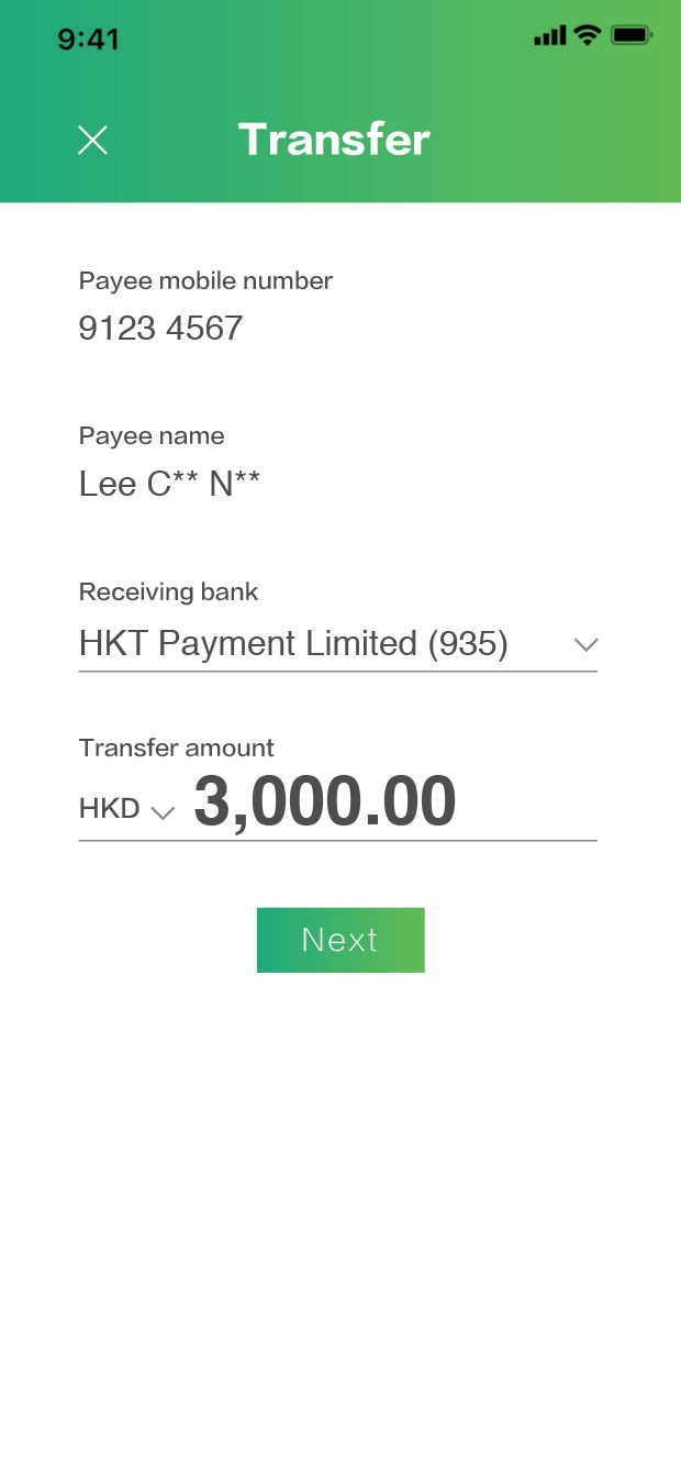 Select “HKT Payment Limited(935)“ as the receiving institution and enter the transfer amount, then follow the instructions to transfer funds to Tap & Go account