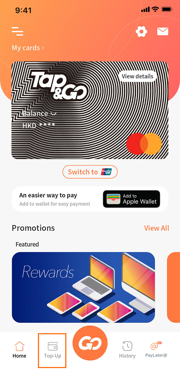 Tap the “Top-Up” icon on the home page of Tap & Go app