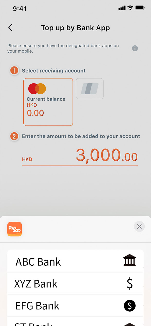Select your preferred banking app to top up.